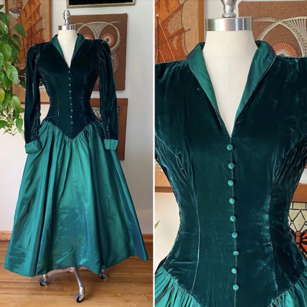Vintage 1980s Michelle Vincent Union-made green velvet and taffeta dress